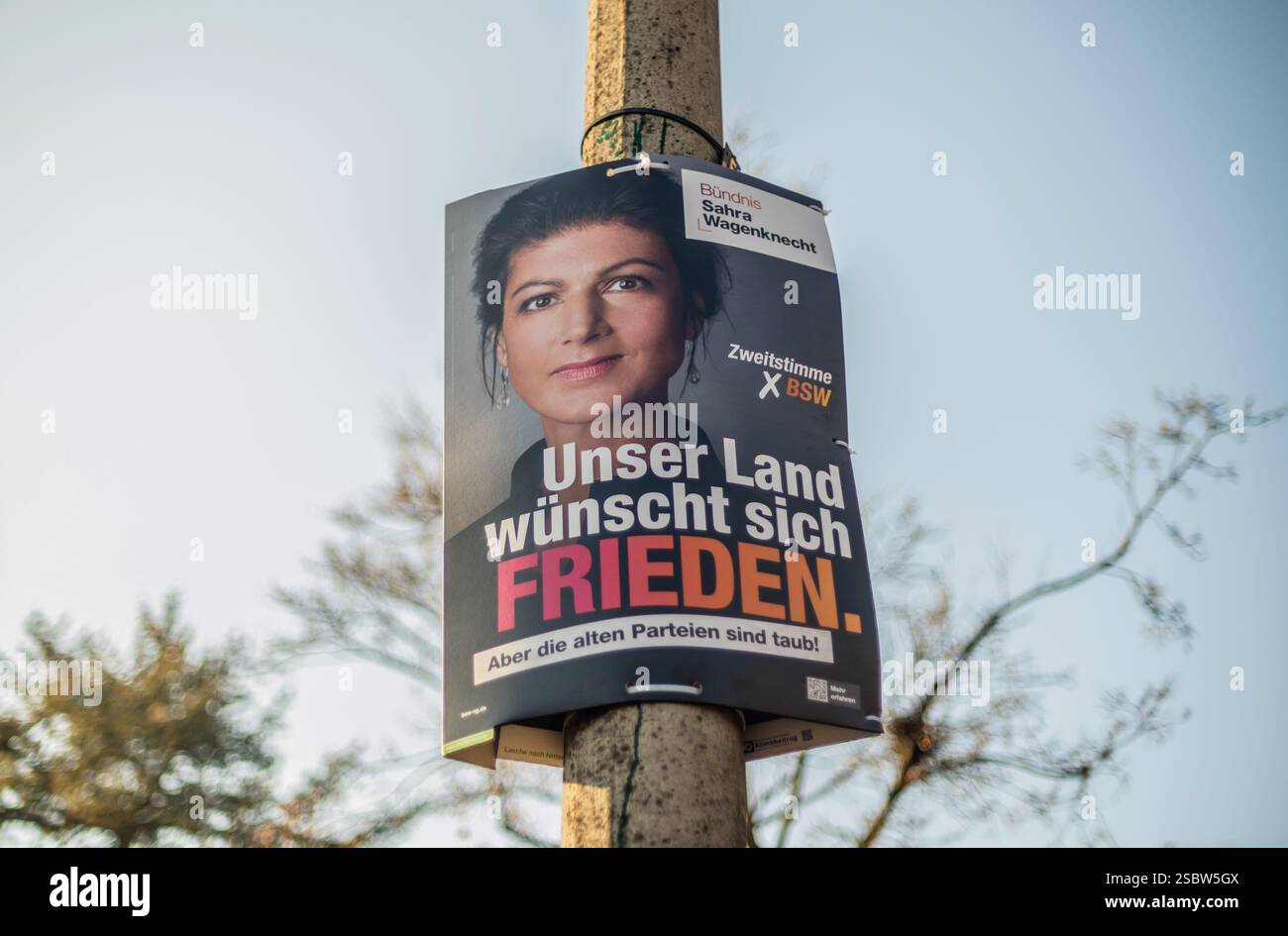 Berlin, Deutschland. 4. Februar 2025. Wahlkampf für die nächsten Bundestagswahlen in Deutschland. Poster für die Parteivorsitzende der Bündnis Sahra Wagenknecht (BSW). Stockfoto