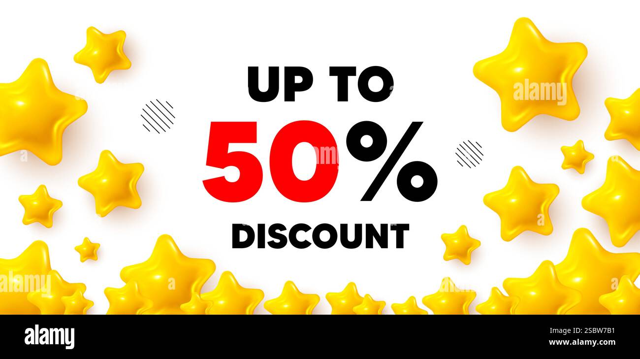 Bis zu 50 % Rabatt. Preisschild für Sonderangebot. Siegerbanner mit 3D-Sternen. Vektor Stock Vektor