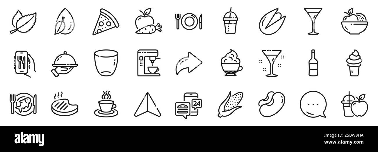 Apple Karotten, Restaurant App und Wassertropflinien Icons Pack. Für Web-App. Symbole für die App-Zeile. Vektor Stock Vektor