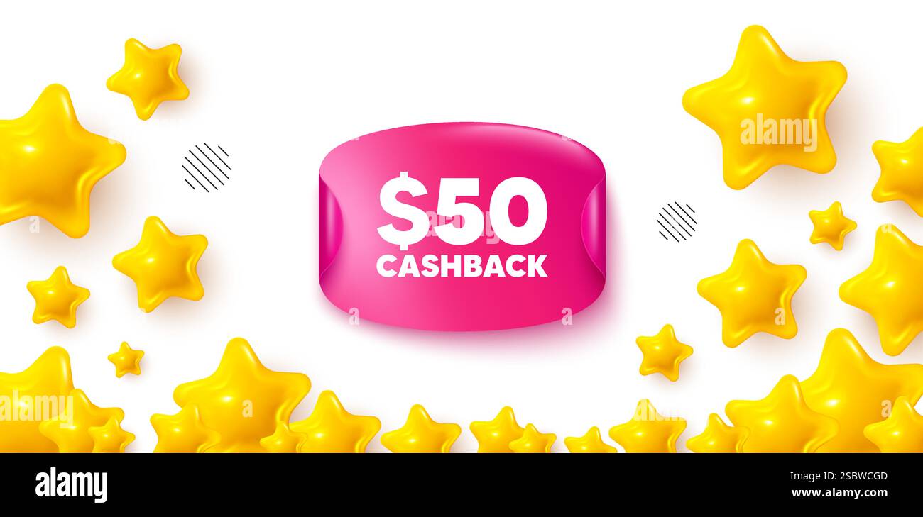 50 USD Cashback. Geld-zurück-Angebotsschild. Aufkleber Sterne Banner. Vektor Stock Vektor