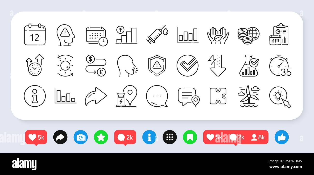 Achtung, Histogramm und Sonnenschutz-Symbole. Für Web-App. Social-Media-Symbole. Vektor Stock Vektor