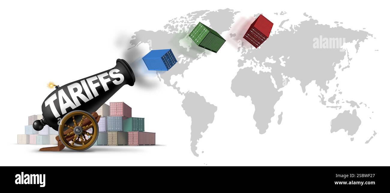 Trade war Symbol als globaler wirtschaftlicher Angriff mit einer Kanone, die eine Zollpolitik darstellt, als Finanzwaffe mit Frachtcontainern. Stockfoto