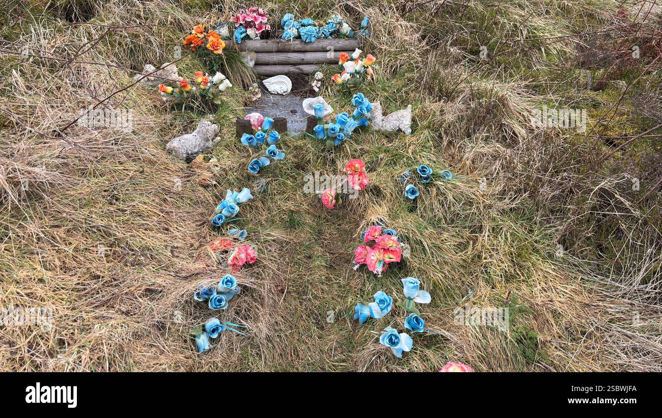 Ein Schrein am Straßenrand und Grab für einen toten Hund mit Blumen und Statuen Stockfoto
