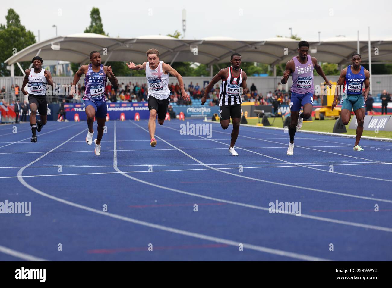 Das 100-m-Halbfinale bei der Leichtathletik-Meisterschaft in Manchester Stockfoto