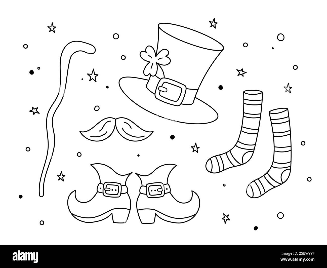 Leprechauns Kleidung und so. Hut, Schnurrbart, Stiefel, gestreifte Socken und Wanderstock, Rohrstock. Irische Symbole zum St. Patricks Day. Illustration der Vektorkritzelei Stock Vektor