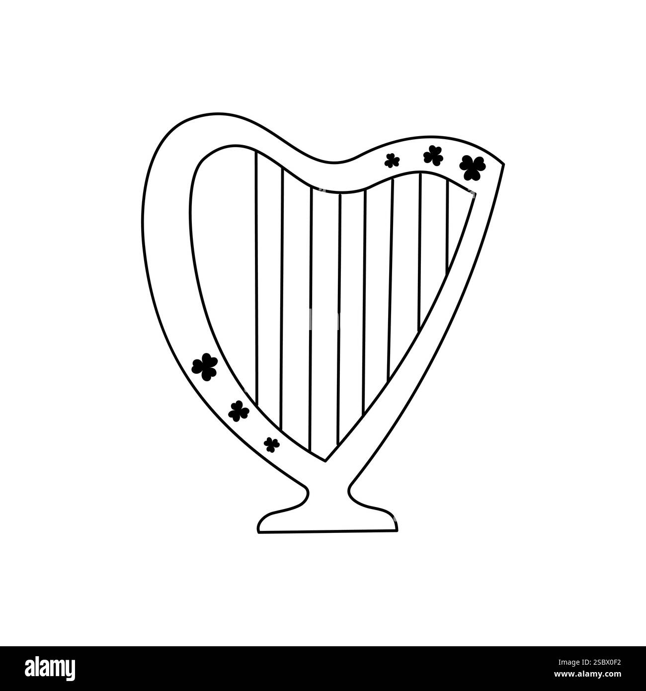 Irische Harfe mit Schamrock-Ornament. Symbol für den Tag des Heiligen Patricks. Illustration der Vektorkritzelei. Patricks Day 17. März Designelement, Objekt isoliert. Festlich Stock Vektor