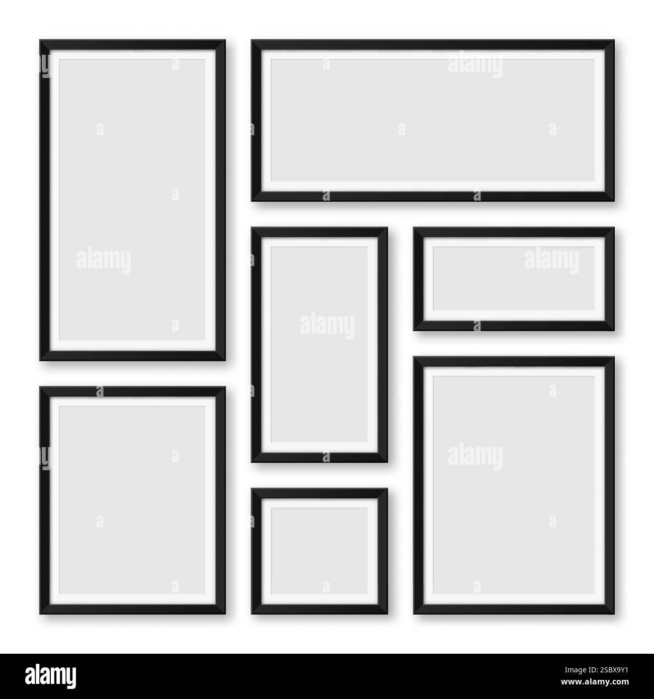Realistische Sammlung von leeren schwarzen Bilderrahmen. Modernes Postermockup für Kunstwerke, Fotografien oder Werbung. Perfekt für Kunstgalerien und Innenräume Stock Vektor