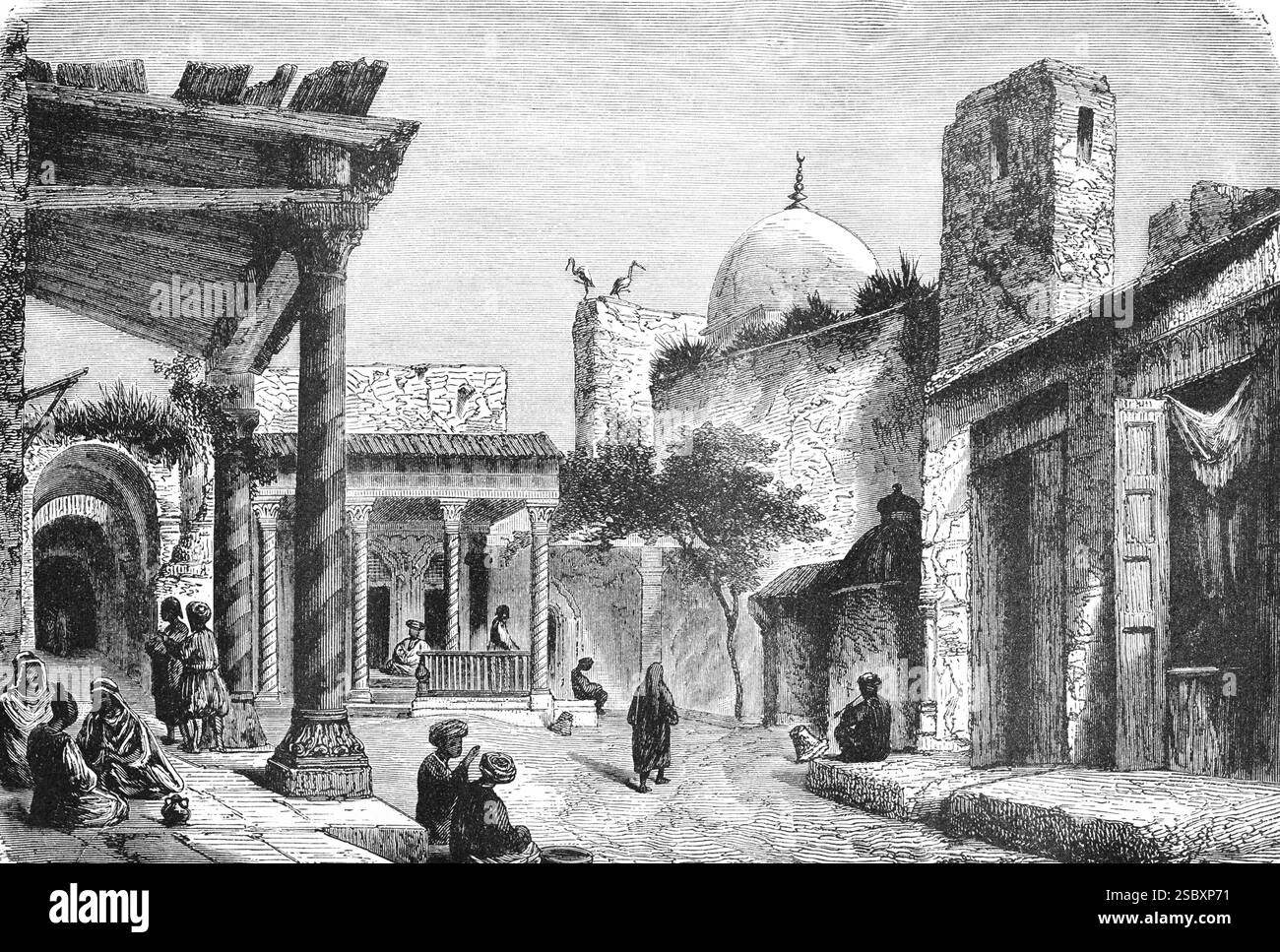 Im Basar einer türkischen Altstadt, Straße mit Geschäften, Kuppel einer Moschee, schattigen Korridoren, Menschen, Handelszentrum, Reise, Türkei, historische illus Stockfoto