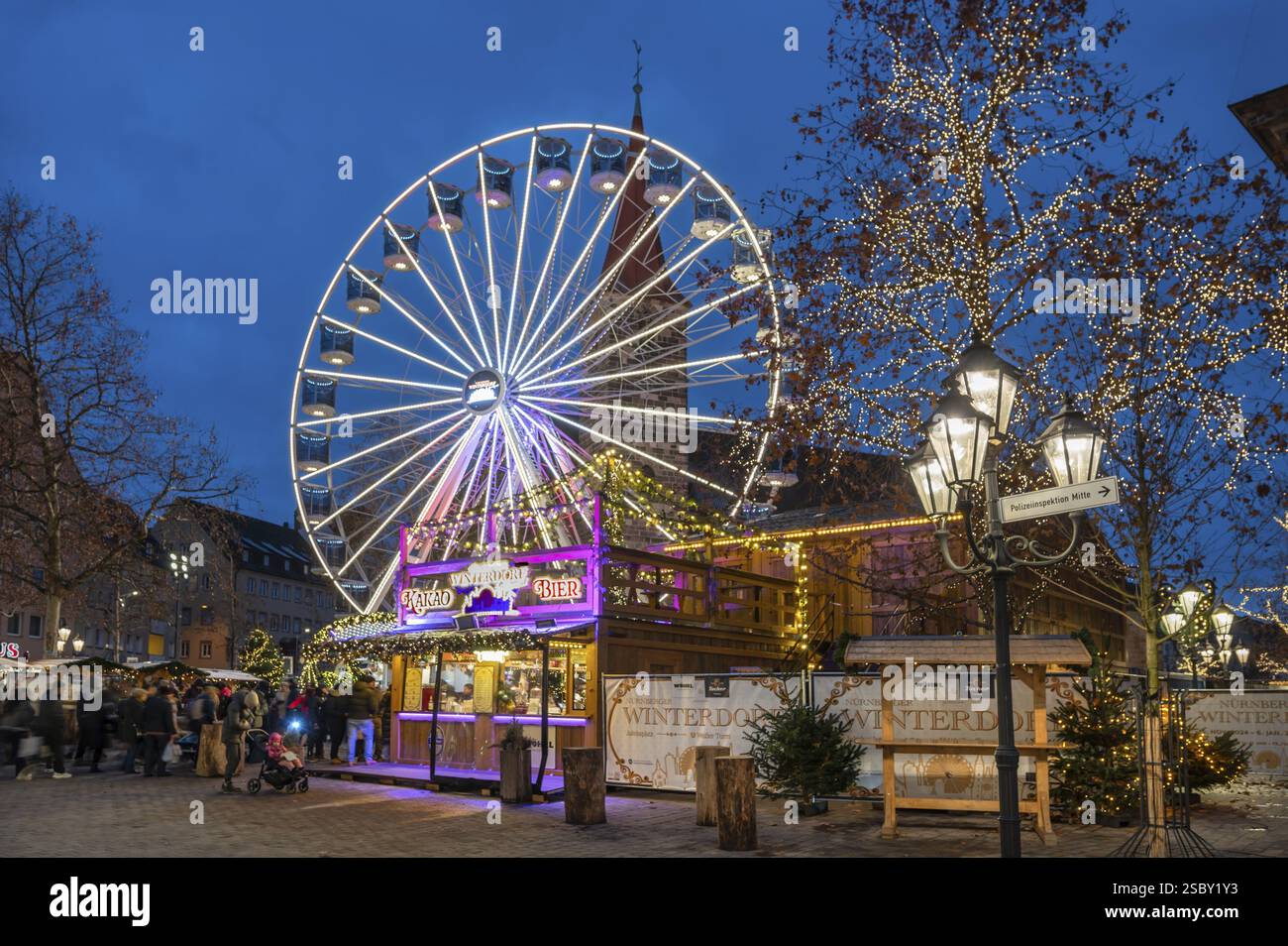 Riesenrad im Winterdorf, Weihnachtsmarkt in der Abenddämmerung, Jakobsplatz, Nürnberg, Mittelfranken, Bayern, Deutschland, Europa Stockfoto