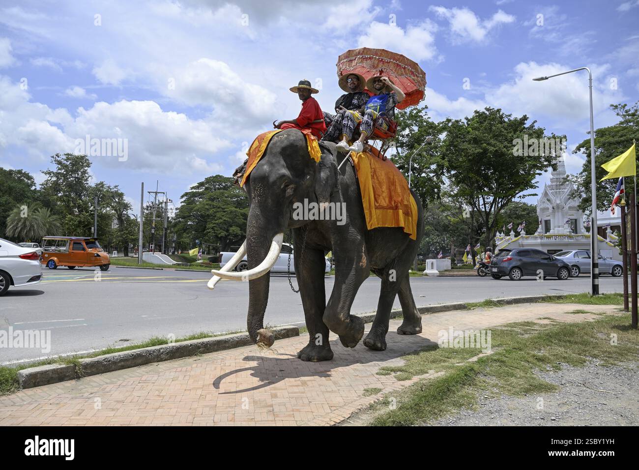 Touristen auf einem reitenden Elefanten in der Nähe des Großen Palastes, des alten Königspalastes, Ayutthaya, der Provinz Ayutthaya, Thailand, Asien Stockfoto