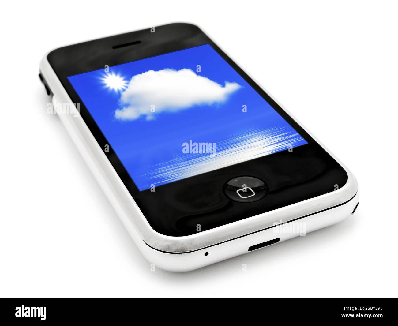 Mobiltelefon Mit Himmelshintergrund Über Weiß Stockfoto