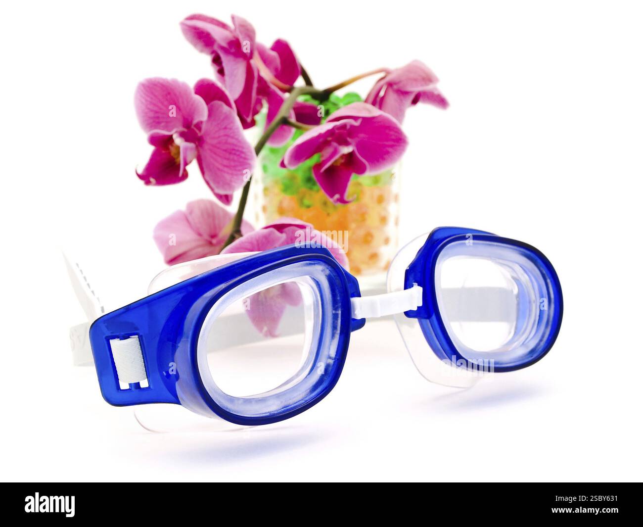 Schwimmbrille und rosafarbene Orchidee vor weißem Hintergrund Stockfoto