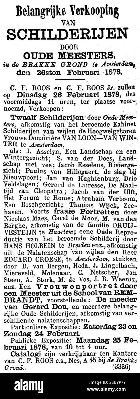 Het Nieuws van den Dag 1878 no 2447 Werbung Belangrijke Verkooping van schilderijen Door oude meesters. Stockfoto