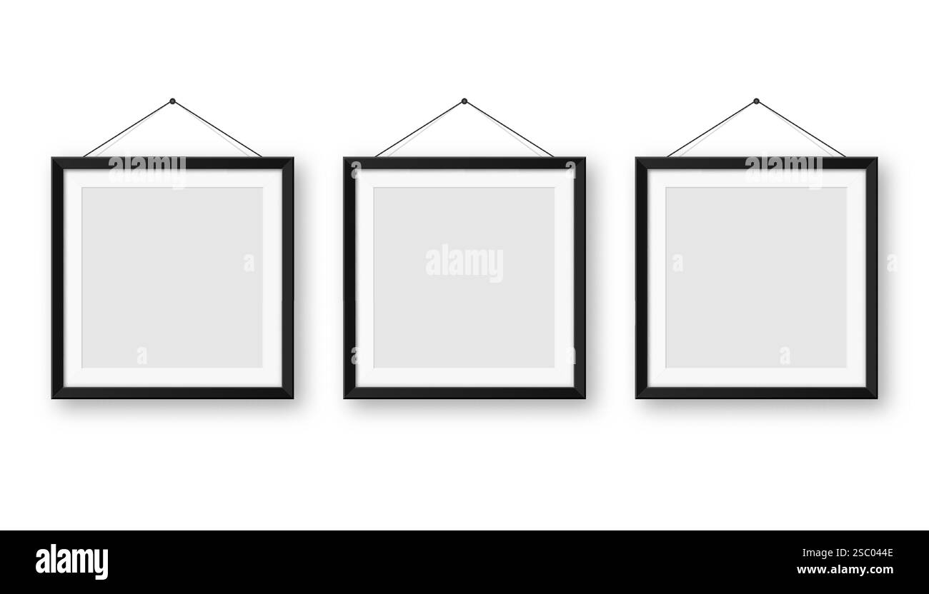 Realistische Sammlung von leeren schwarzen Bilderrahmen. Modernes Postermockup für Kunstwerke, Fotografien oder Werbung. Perfekt für Kunstgalerien und Innenräume Stock Vektor