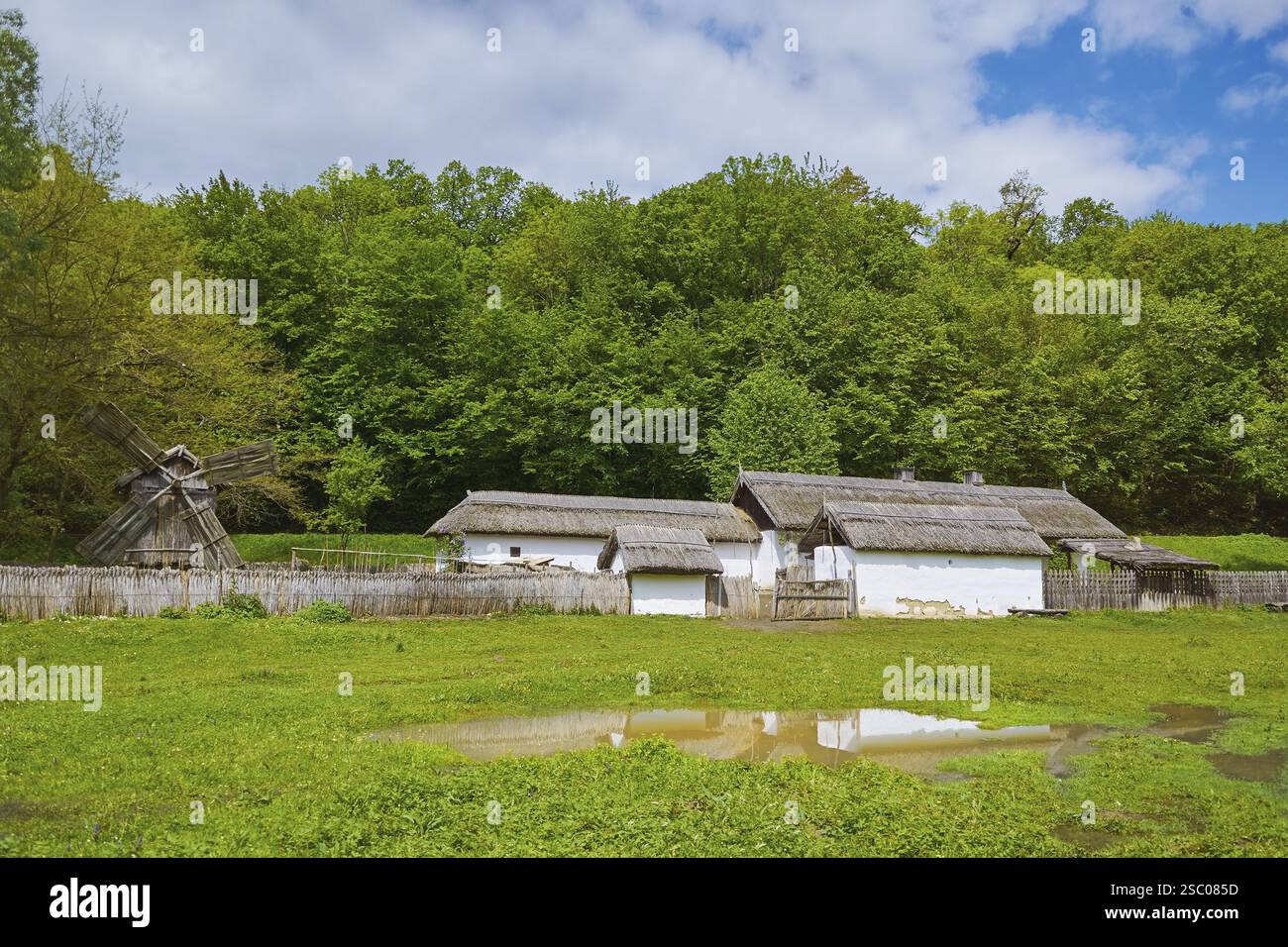 Hof mit Gebäuden in Rumäniens Vilage, Rumänien Sibiu, Rumänien, Europa Stockfoto