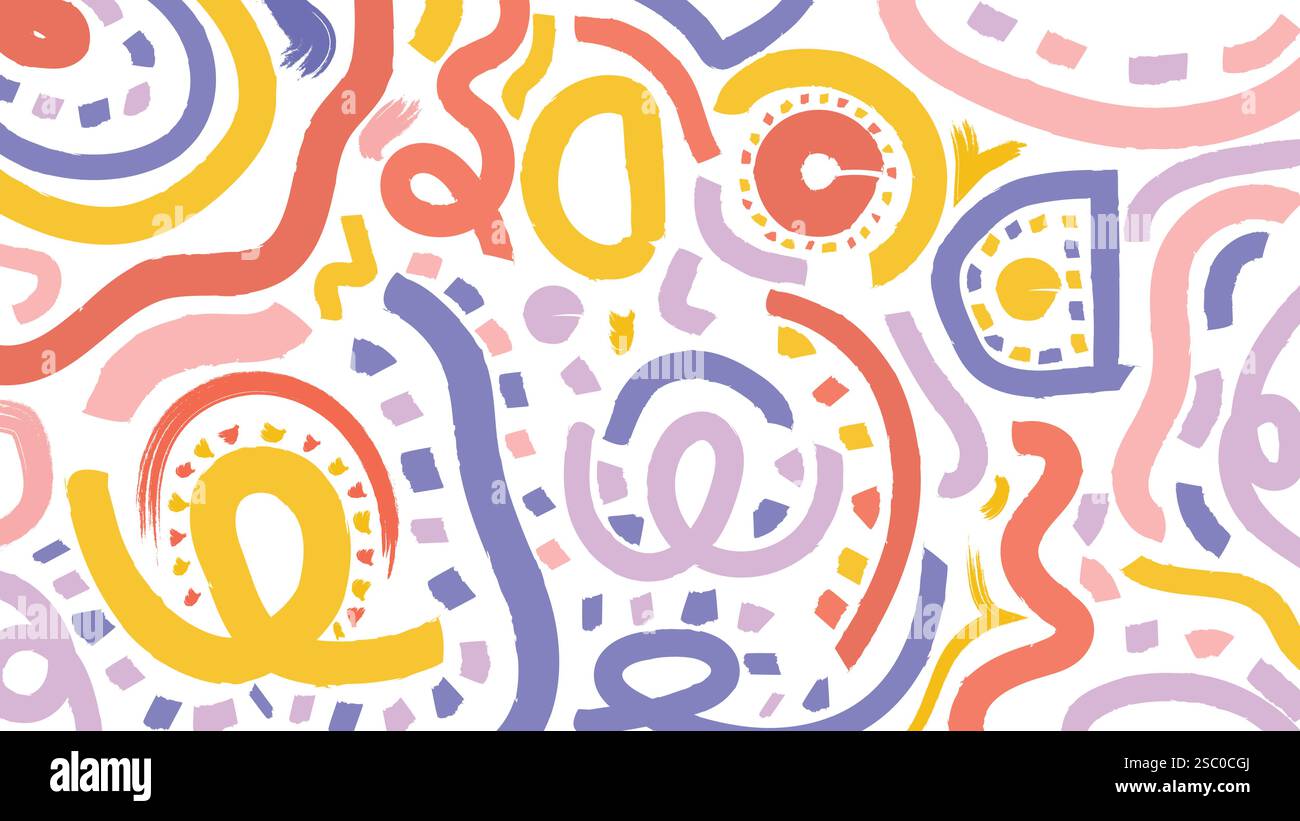 Ein lebendiges abstraktes Design mit kräftigen Pinselstrichen in Rot, Gelb, Blau und Lavendel auf weißem Hintergrund. Ideal für kreative Projekte. Stock Vektor