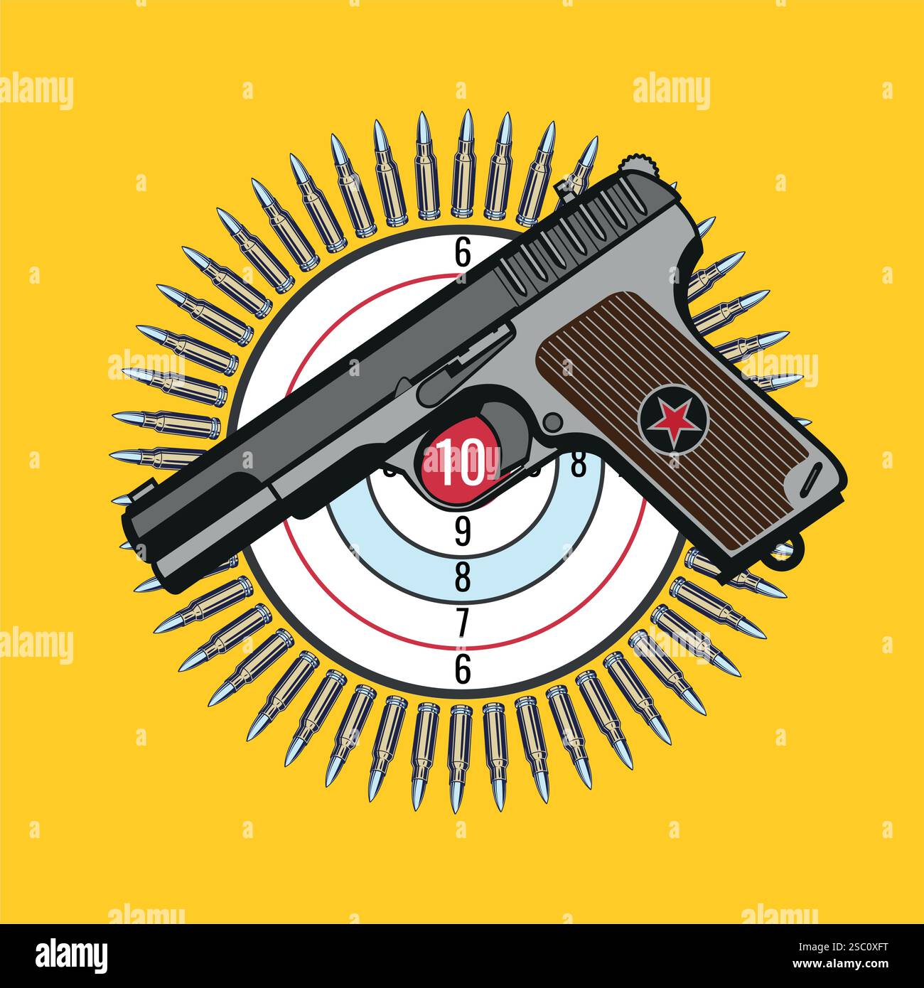 Alte sowjetische russische Pistole TT, 2. Weltkrieg Handfeuerwaffe und Target. Stock Vektor