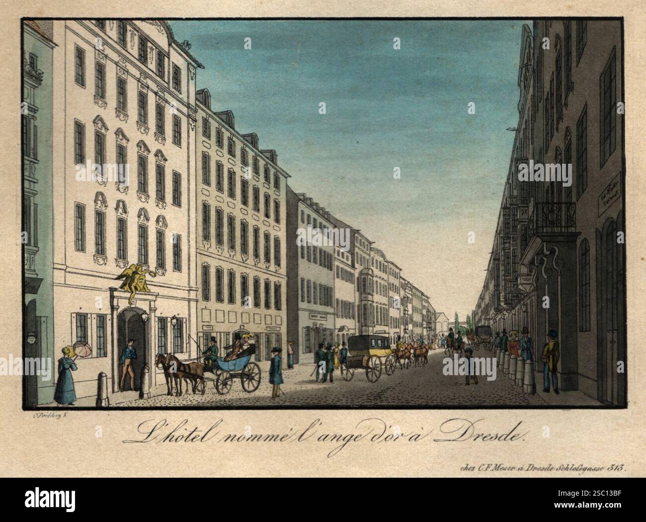 Hotel Goldener Engel Dresden und Wilsdruffer Straße um 1830. Stockfoto