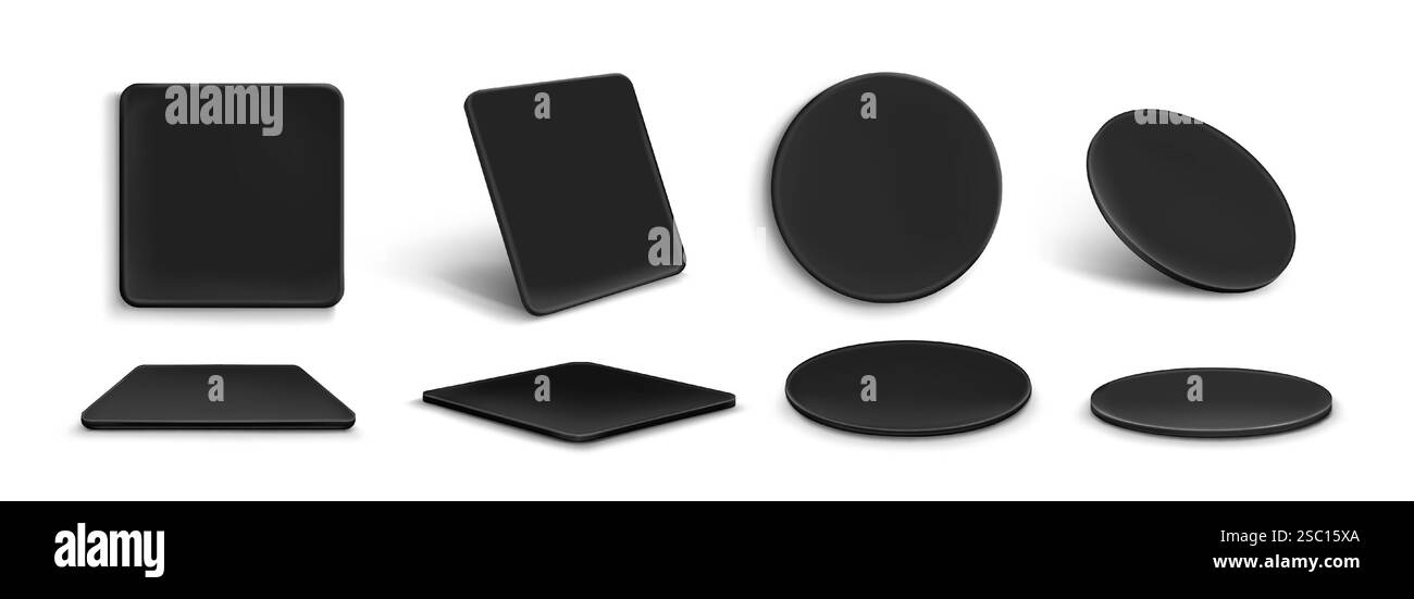 Black Drink Achterbahn – runde und quadratische Formen aus verschiedenen Winkeln. Obere flache Position, geneigte Ansicht, Seitenperspektive auf weißer Oberfläche. Minimales dunkles Design für die Produktpräsentation. Stock Vektor