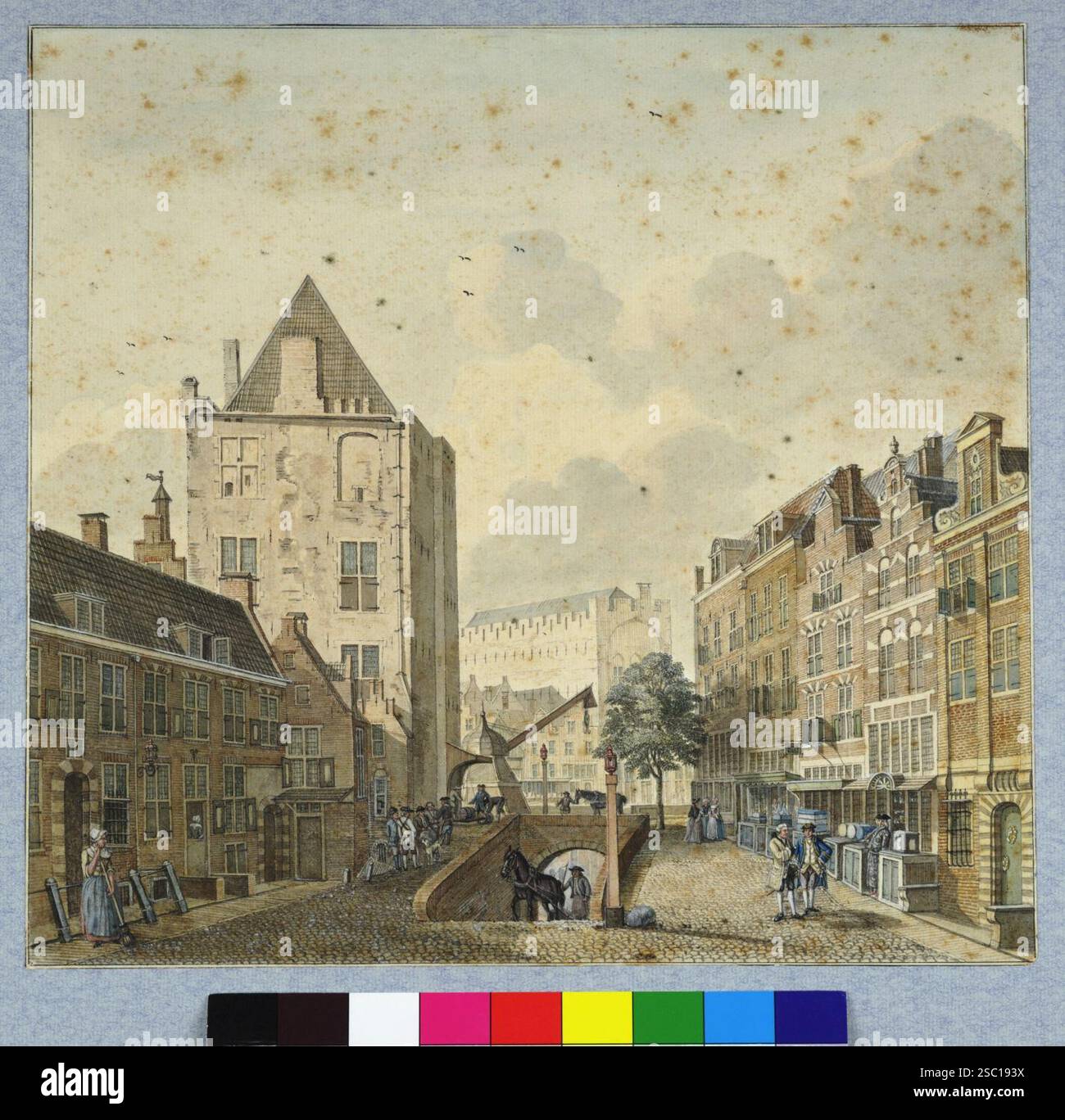 Gezicht vanaf de Ganzenmarkt te Utrecht in de richting van de Oudegracht traf in het midden het wed naar de werf links het huis Keyserrijk en op de ach. Stockfoto