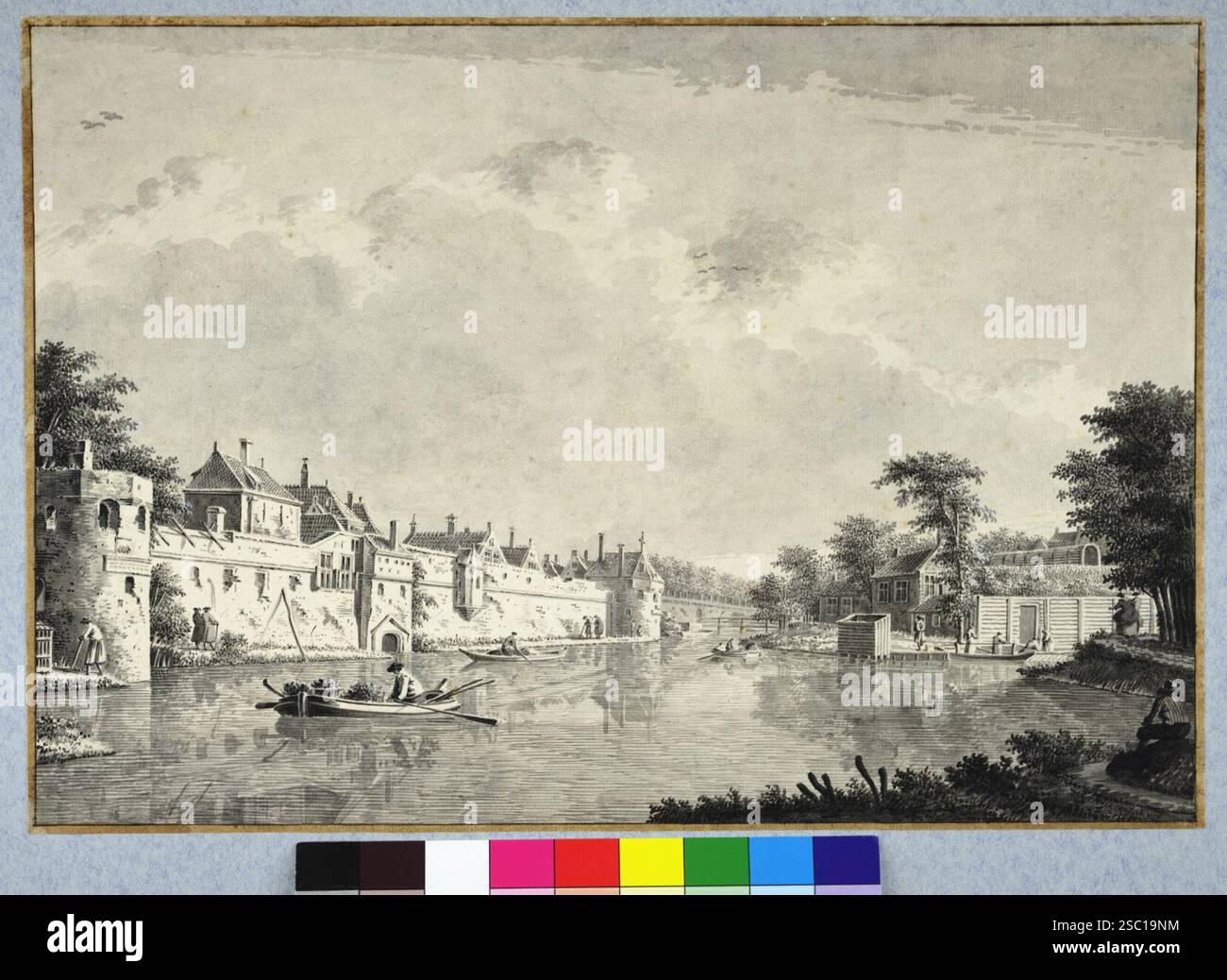 Gezicht vanaf de singel over de stadsbuitengracht op de stadswal te Utrecht uit het noordoosten met links de toren de Vos de verlaagde Plompetoren ach. Stockfoto