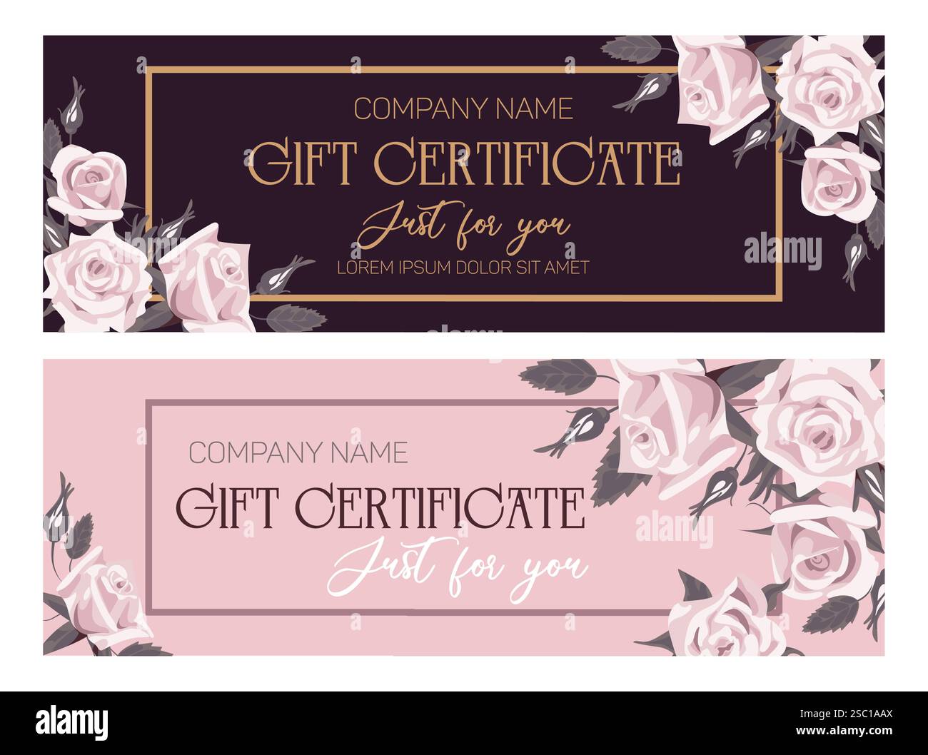 Vektor-Illustration, Satz von wunderschön gestalteten Geschenkgutschein dekoriert mit eleganten Rosen. Die schicke Kombination aus Rosa, Schwarz und Gold verleiht dem neuen Look eine besondere Note Stock Vektor