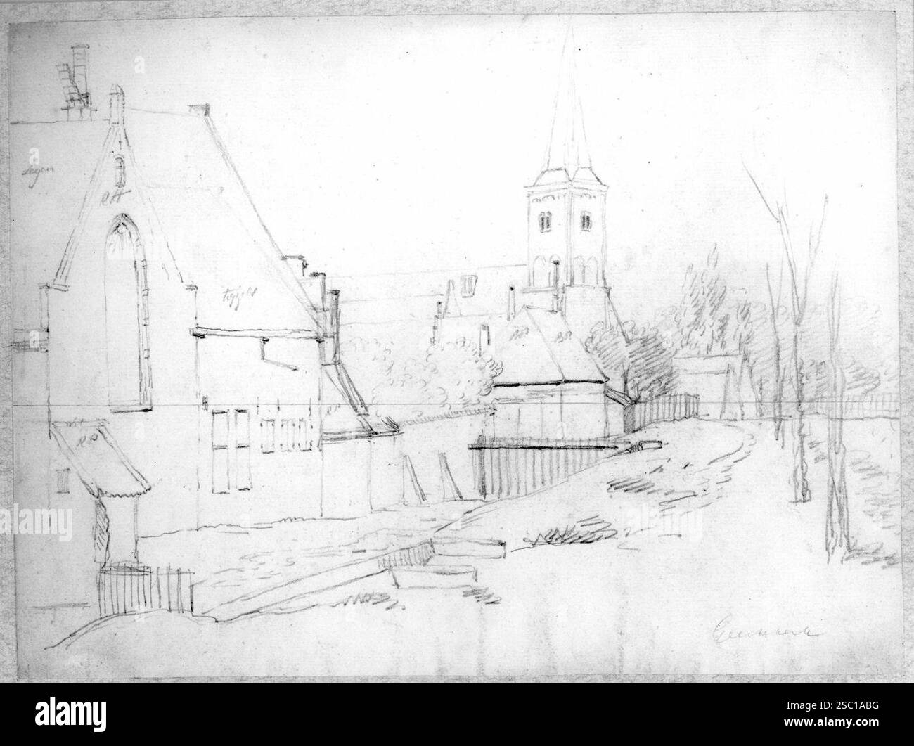 Gezicht vanaf de stadswal te Utrecht op de bebouwing achter de wal uit het noordwesten met links een gedeelte van het Bartholomeaigasthuis en op de ach. Stockfoto