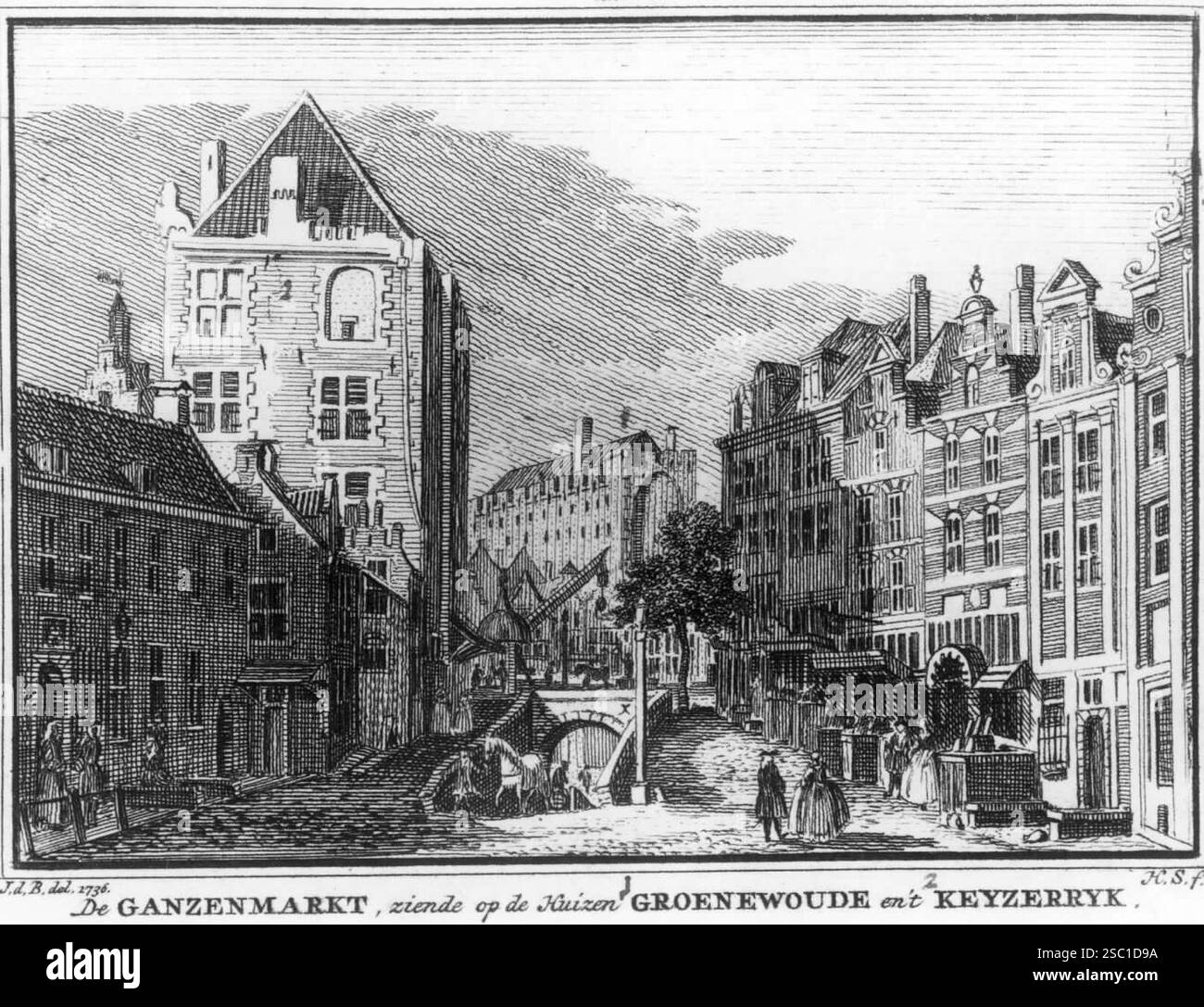 Gezicht vanaf de Ganzenmarkt te Utrecht in de richting van de Oudegracht traf in het midden het wed naar de werf links het huis Keyserrijk en op de ach. Stockfoto