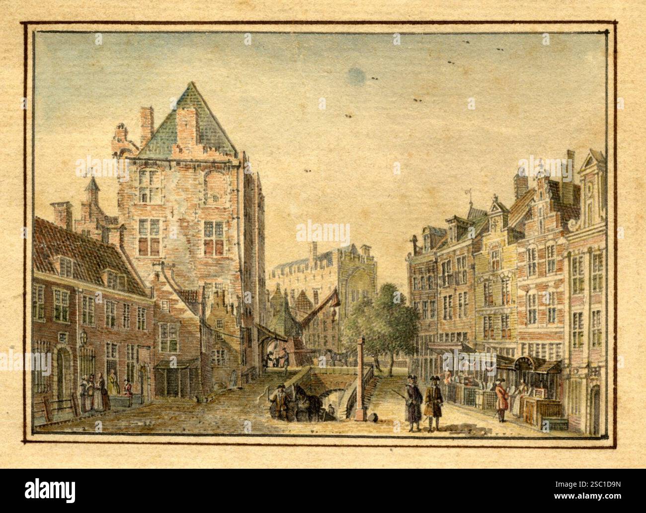 Gezicht vanaf de Ganzenmarkt te Utrecht in de richting van de Oudegracht traf in het midden het wed naar de werf links het huis Keyserrijk en op de ach. Stockfoto