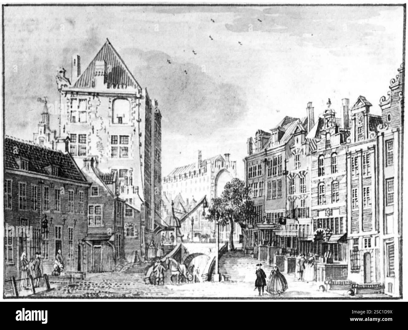 Gezicht vanaf de Ganzenmarkt te Utrecht in de richting van de Oudegracht traf in het midden het wed naar de werf links het huis Keyserrijk en op de ach. Stockfoto