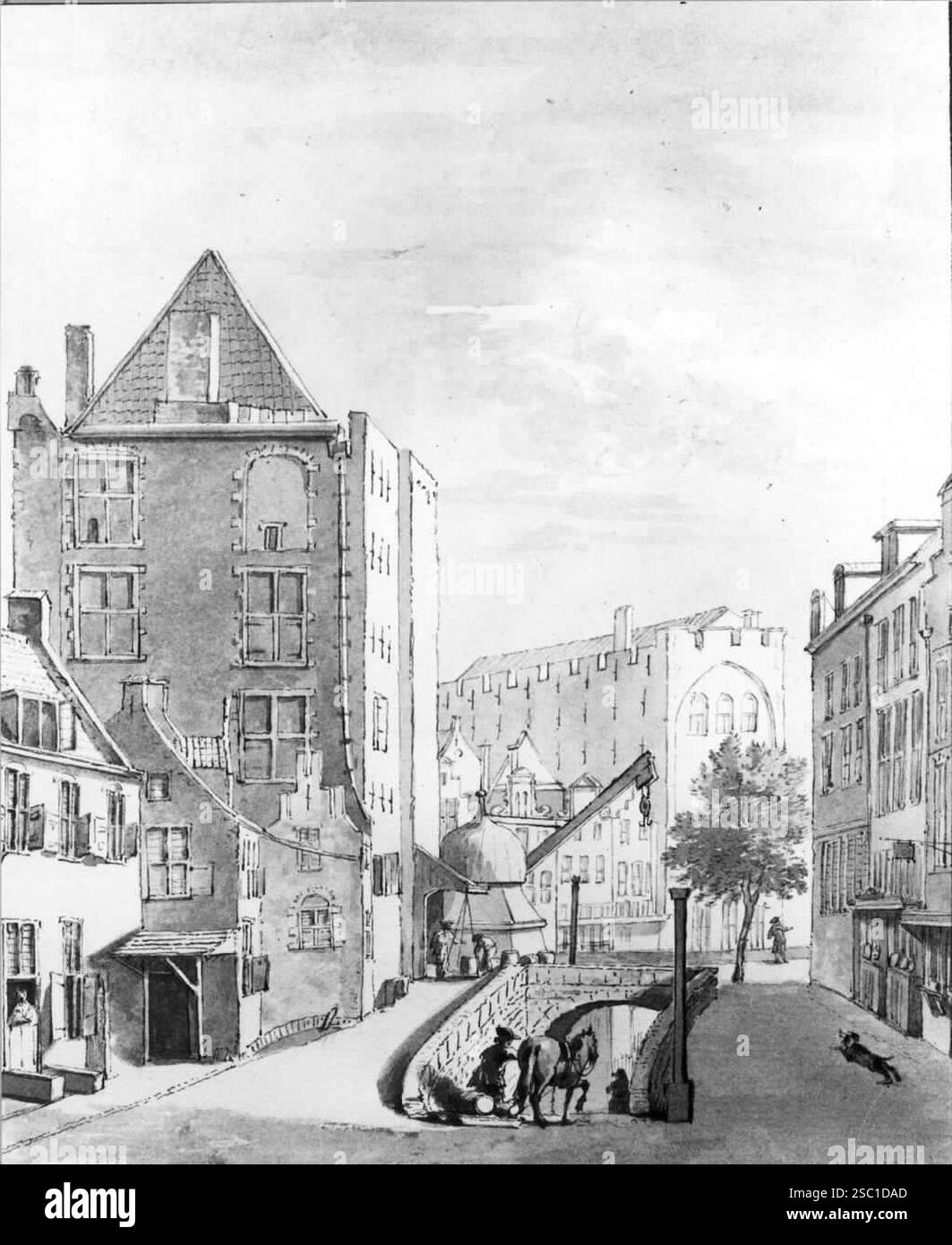 Gezicht vanaf de Ganzenmarkt te Utrecht in de richting van de Oudegracht traf in het midden het wed naar de werf links het huis Keyserrijk en op de ach. Stockfoto