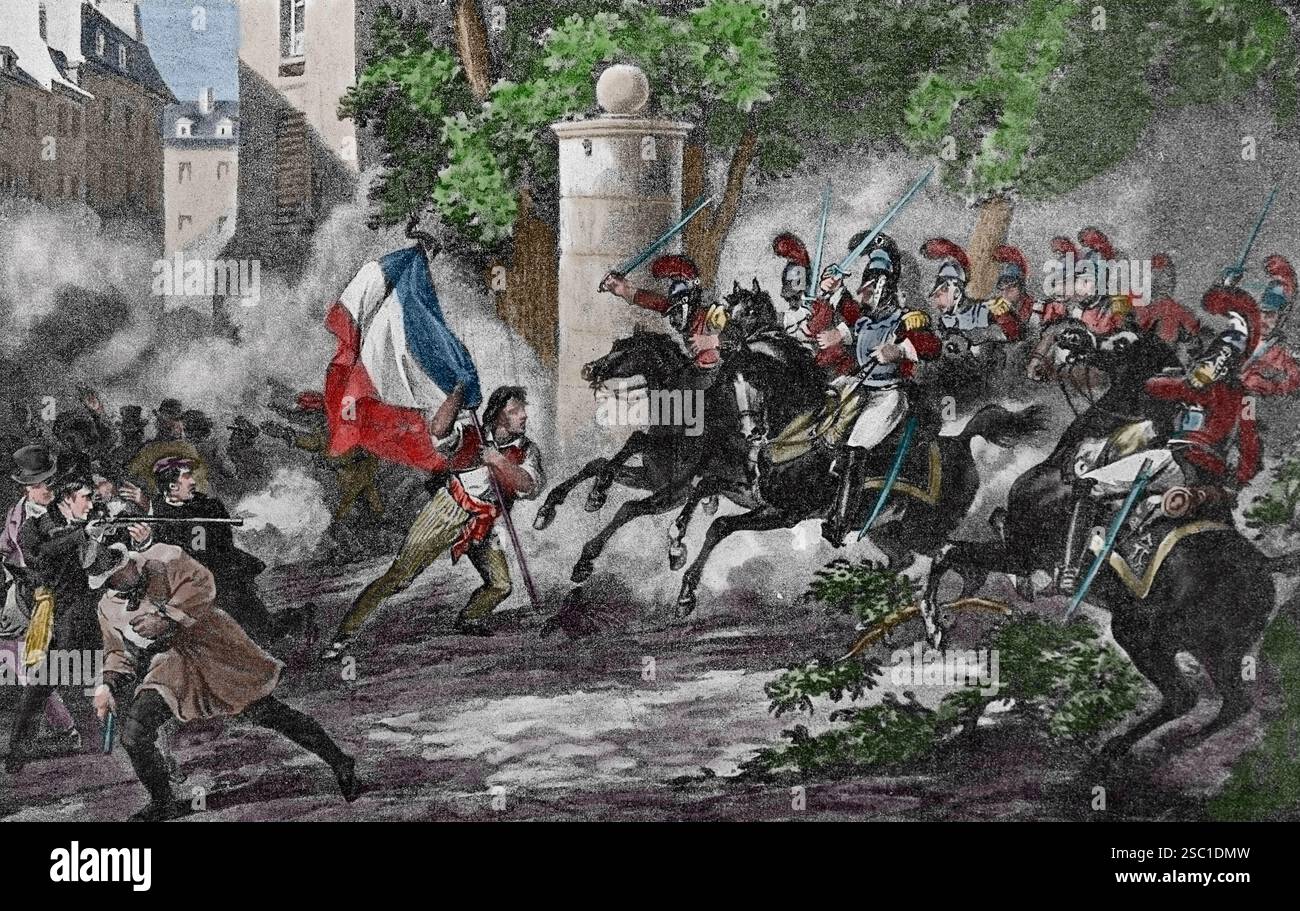 Frankreich. Paris. 1830 Revolution. Heldenhafte Aktion eines Arbeiters vor den Soldaten. Lithograf von Martinet. Stockfoto