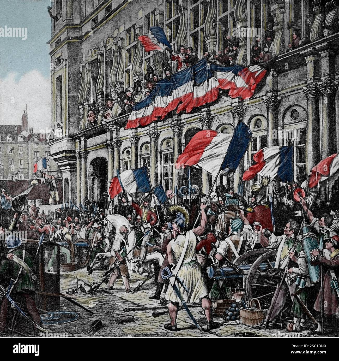 Frankreich. Paris. 1830 Revolution. Juli 31. Der Herzog von Orleans wird den Menschen von La Fayette auf dem Balkon des Rathauses präsentiert. Gravur. Stockfoto