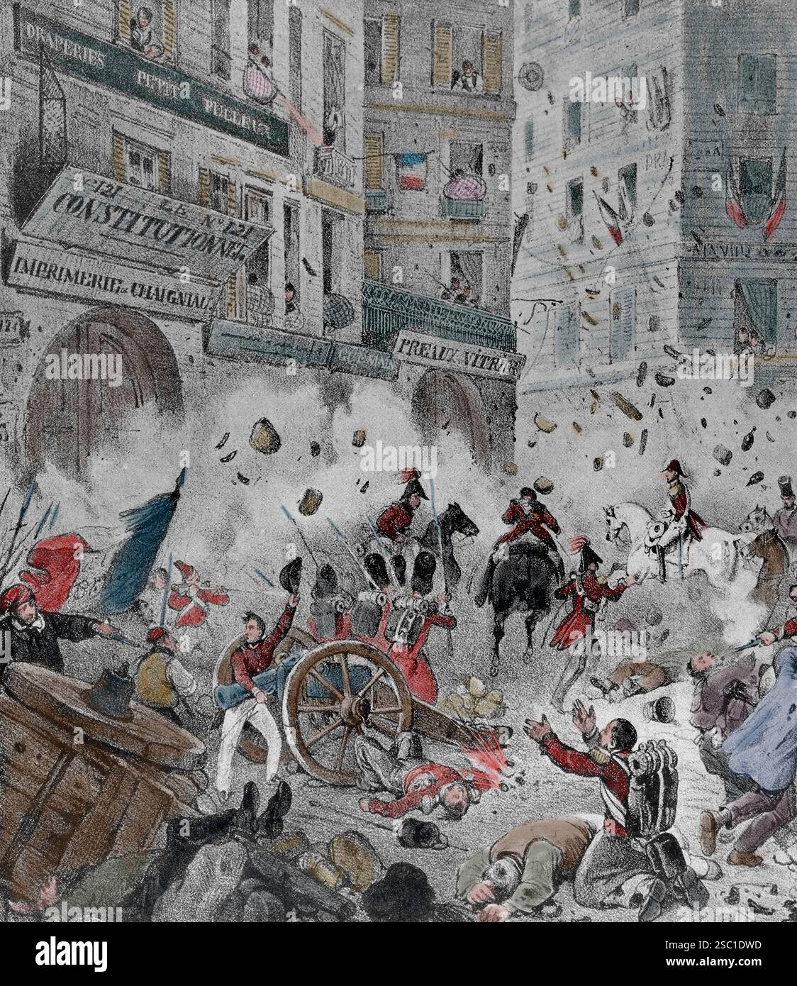 Juli. Flug des Herzogs von Ragusa zur Rue Montmartre in der Nähe der Rue Joquelet. Lithographie von Victor Adam Stockfoto