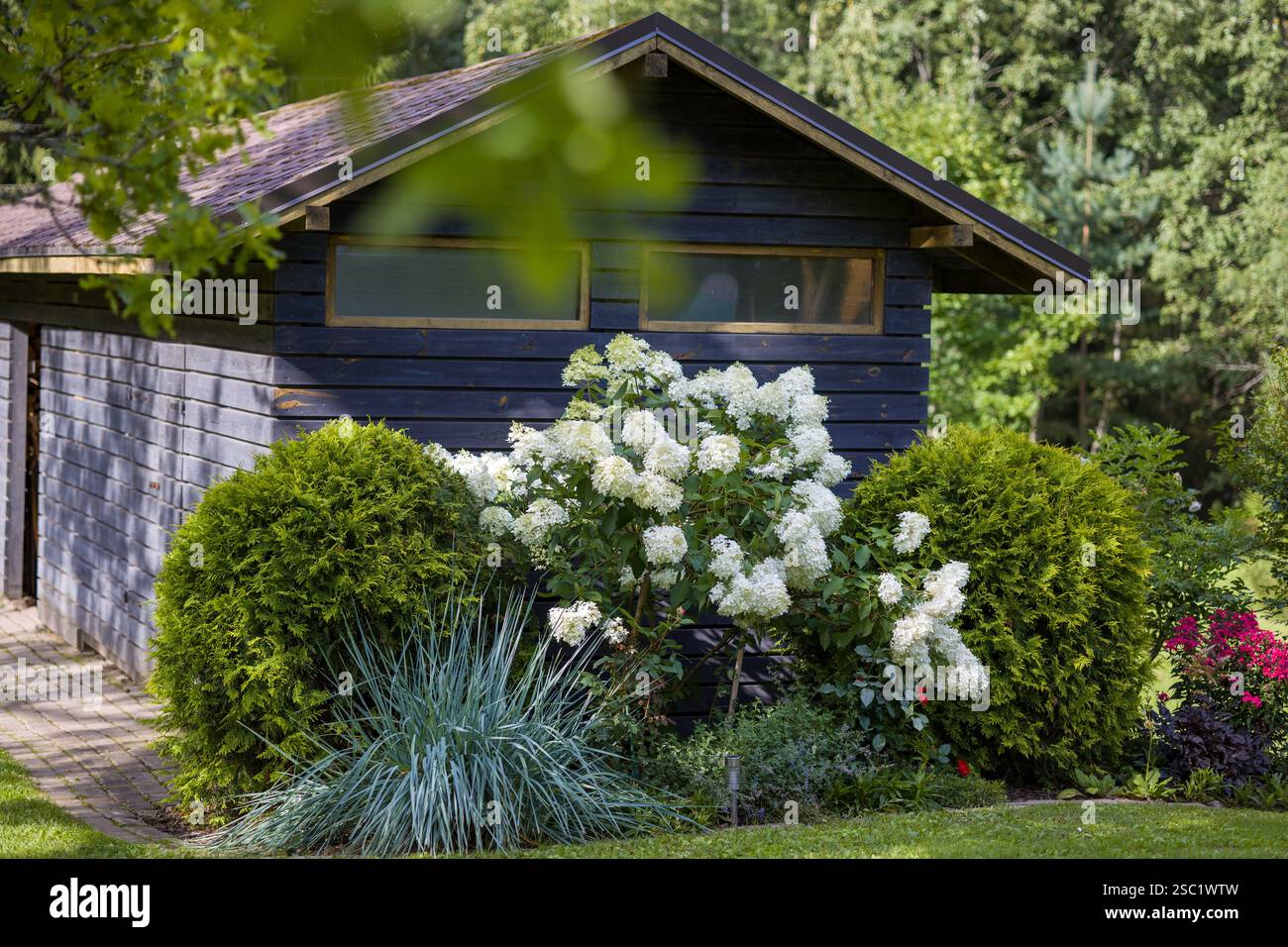 Wunderschöner Garten im Hinterhof mit einer Vielzahl von blühenden Pflanzen und Sträuchern. Gepflegte Landschaftsgestaltung schafft einen farbenfrohen und einladenden Raum. Perfekt für Stockfoto