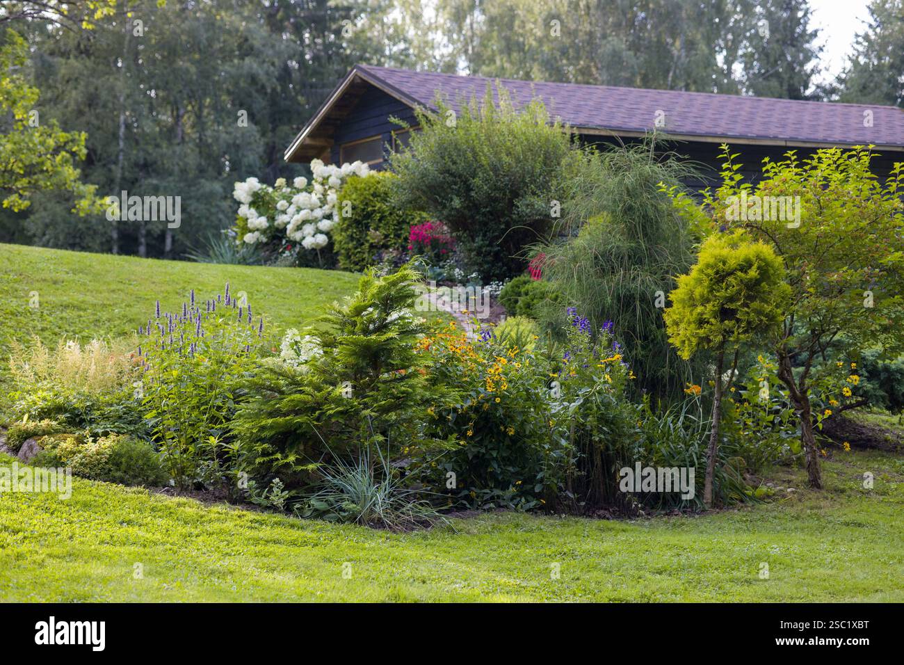 Wunderschöner Garten im Hinterhof mit einer Vielzahl von blühenden Pflanzen und Sträuchern. Gepflegte Landschaftsgestaltung schafft einen farbenfrohen und einladenden Raum. Perfekt für Stockfoto
