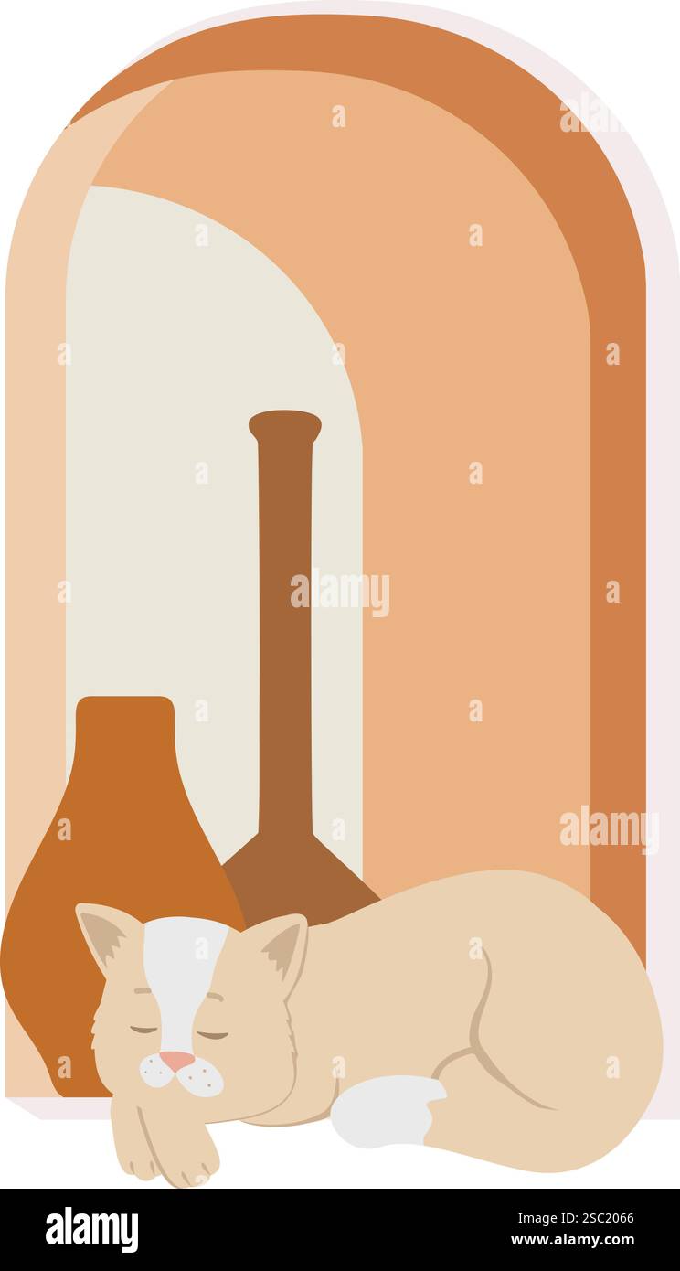 Beige Katze in der Fensterästhetik der einfachen Illustration. 2D-Illustration für Hauskätzchen. Cat Life Konzept, Vektorkunst. Boho-Wanddekor. Mitte des Jahrhunderts modernes M Stock Vektor