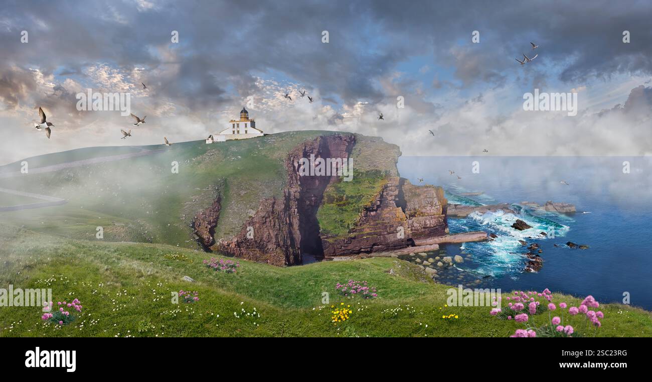 Farbfoto von Stoer Head Lighthouse, Thomas Stevenson 1870, Lochinver, Highland Schottland. Der Leuchtturm ist 45 Fuß (14 m) hoch, Stockfoto