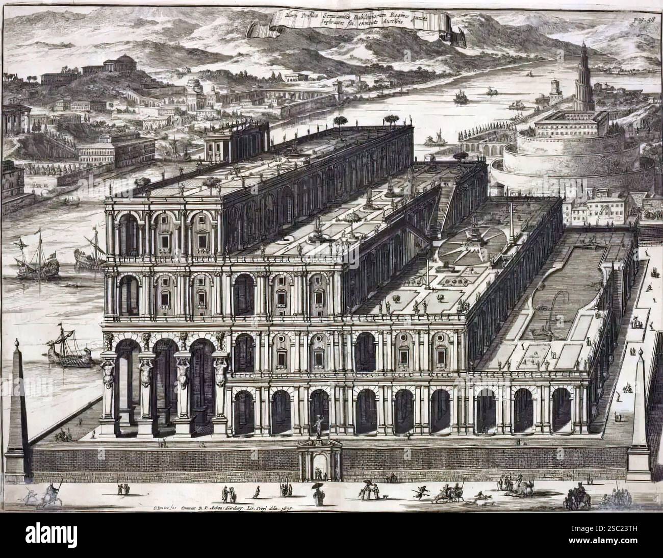 7513. Hängende Gärten von Babylon, Stich von Decker Coenraet, einem niederländischen Stecher aus dem Goldenen Zeitalter. 1679 Stockfoto