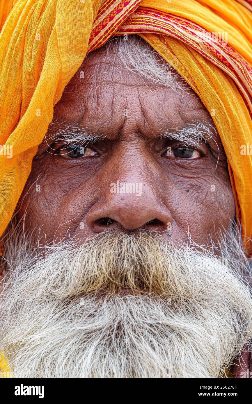 13. Januar 2025, Prayagraj, uttar Pradesh, Indien. Nahaufnahme eines langbärtigen Sadhu mit Safranpagdi und weißem Bart, der Spiritualität ausstrahlt. Stockfoto