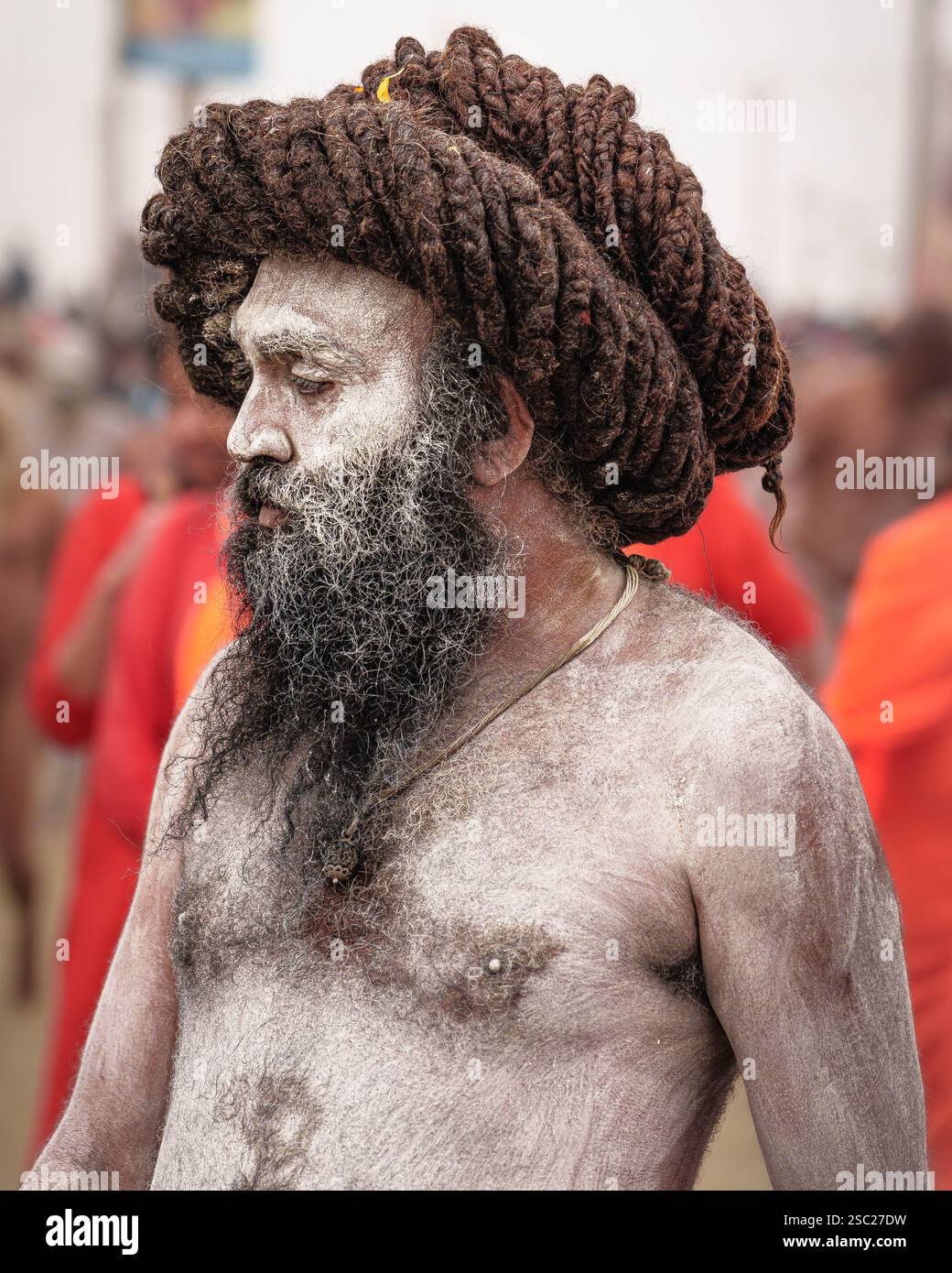 Ein Sadhu mit langem, gut dekoriertem jata auf dem Kopf, das Disziplin und spirituelle Hingabe symbolisiert, strahlt ein Gefühl von Ruhe und tiefer Weisheit aus. Stockfoto