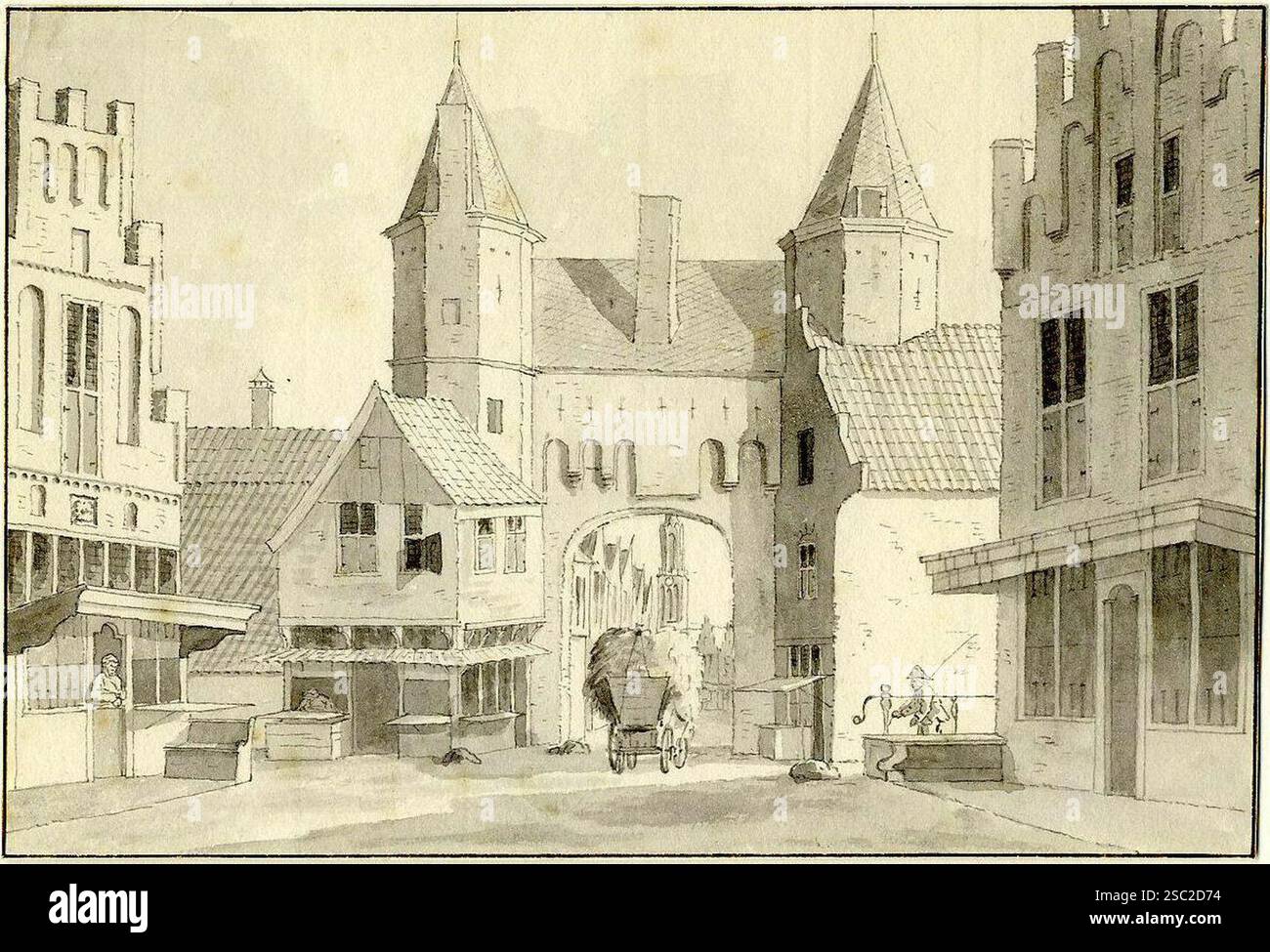 Gezicht op de buitenzijde van de Kamperbinnenpoort te Amersfoort vanuit de Kamp met door de poortopening een doorkijkje in de Langestraat en op de ach. Stockfoto