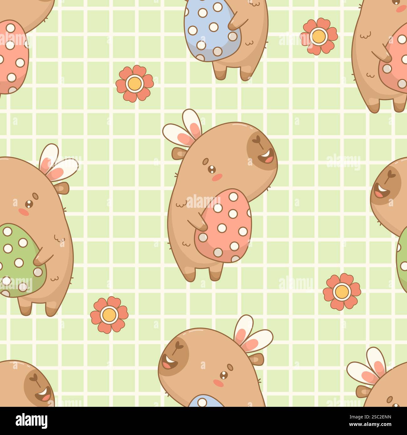Nahtloses Ostermuster. Lustige Capybara in den Hasenohren mit paschal Polka Dots Ei auf grünem kariertem Hintergrund mit Blumen. Karikaturfilm Kawaii Stock Vektor