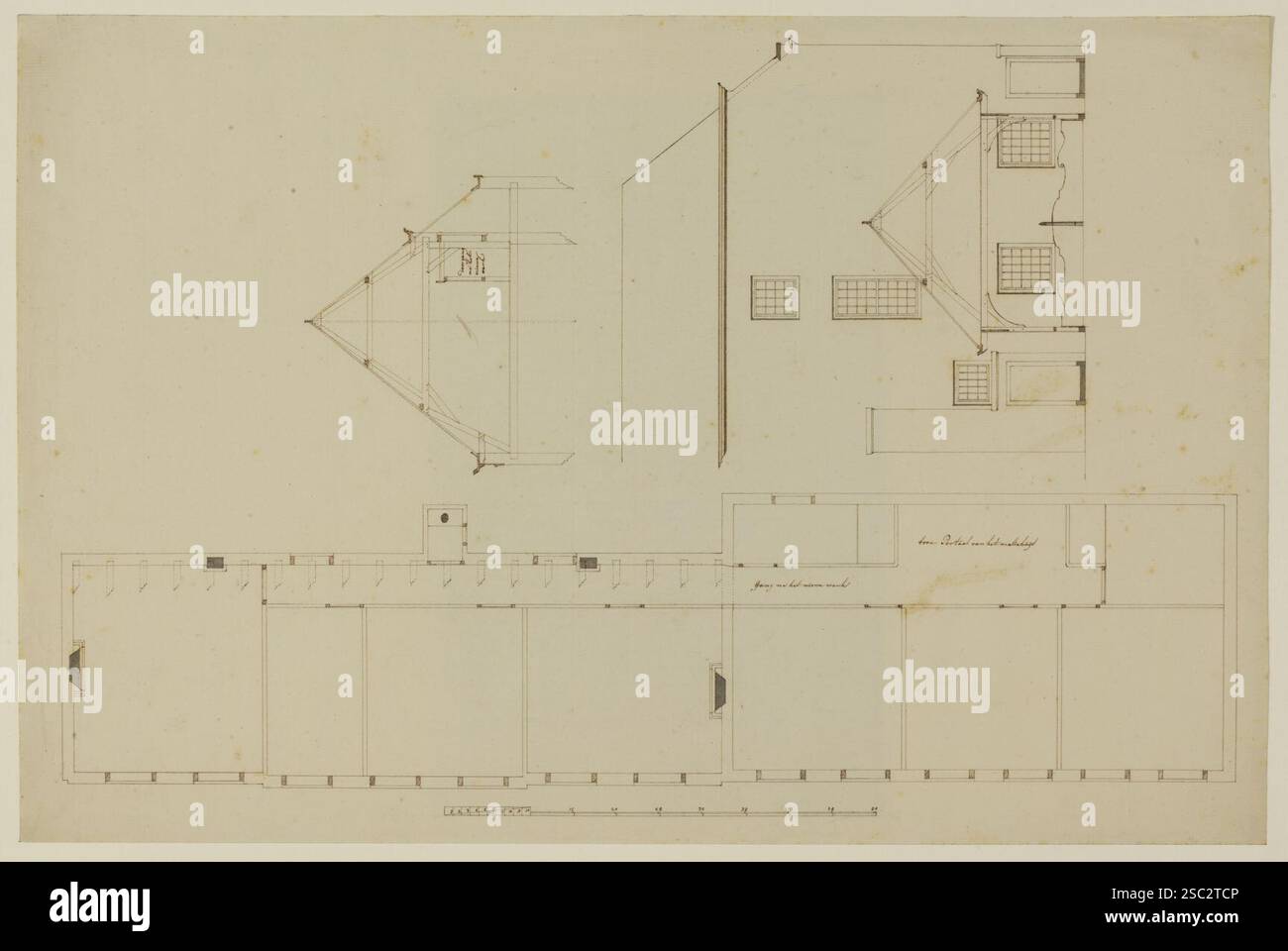 Plattegrond van een gedeelte van het huis Maliebaan 2 het Maliehuis te Utrecht met een doorsnede van een kap en de opstand van een gedeelte van de ach. Stockfoto