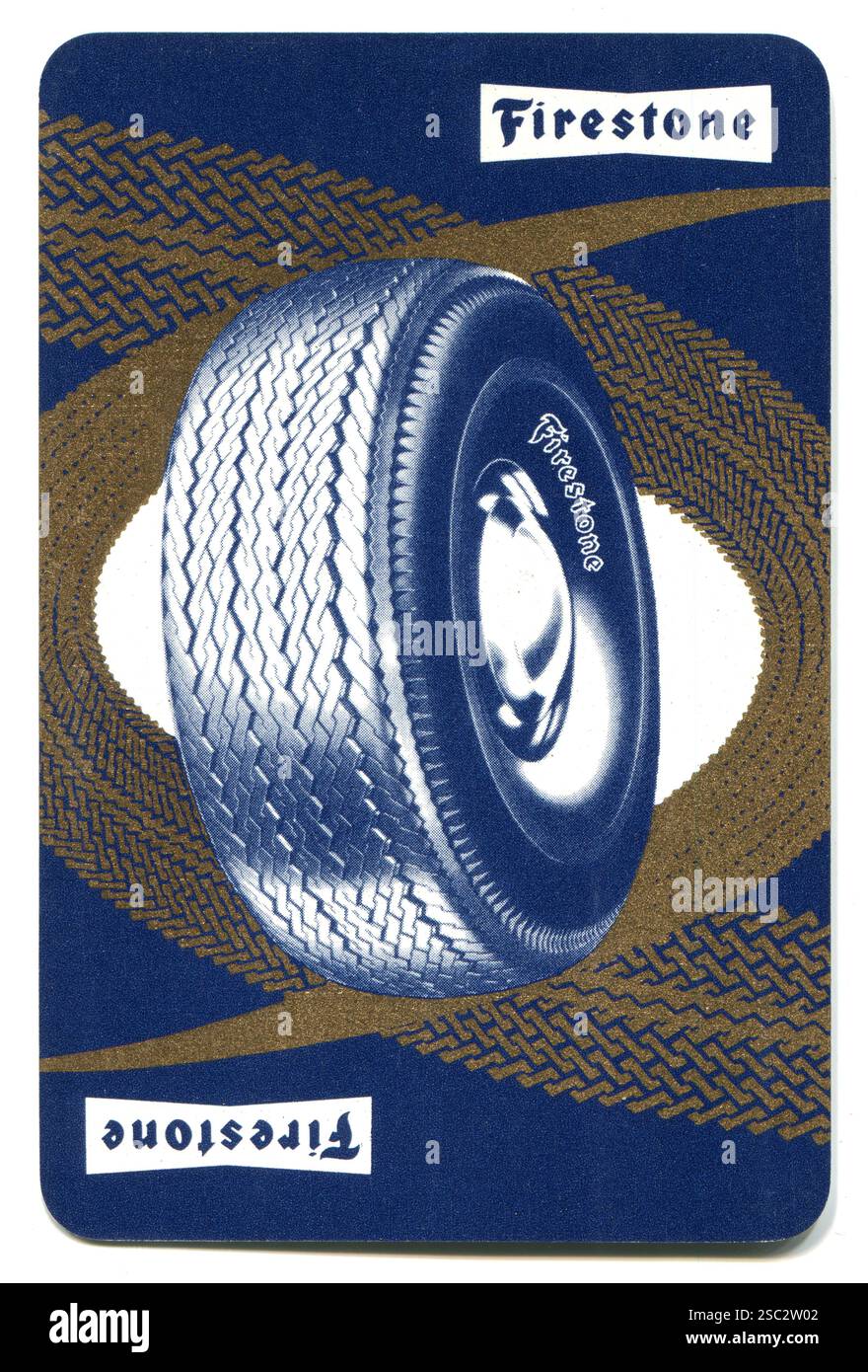 Eine Vintage-Spielkarte, die den Reifenhersteller Firestone Tyre and Rubber Company fördert. Aus den 1950ern Stockfoto