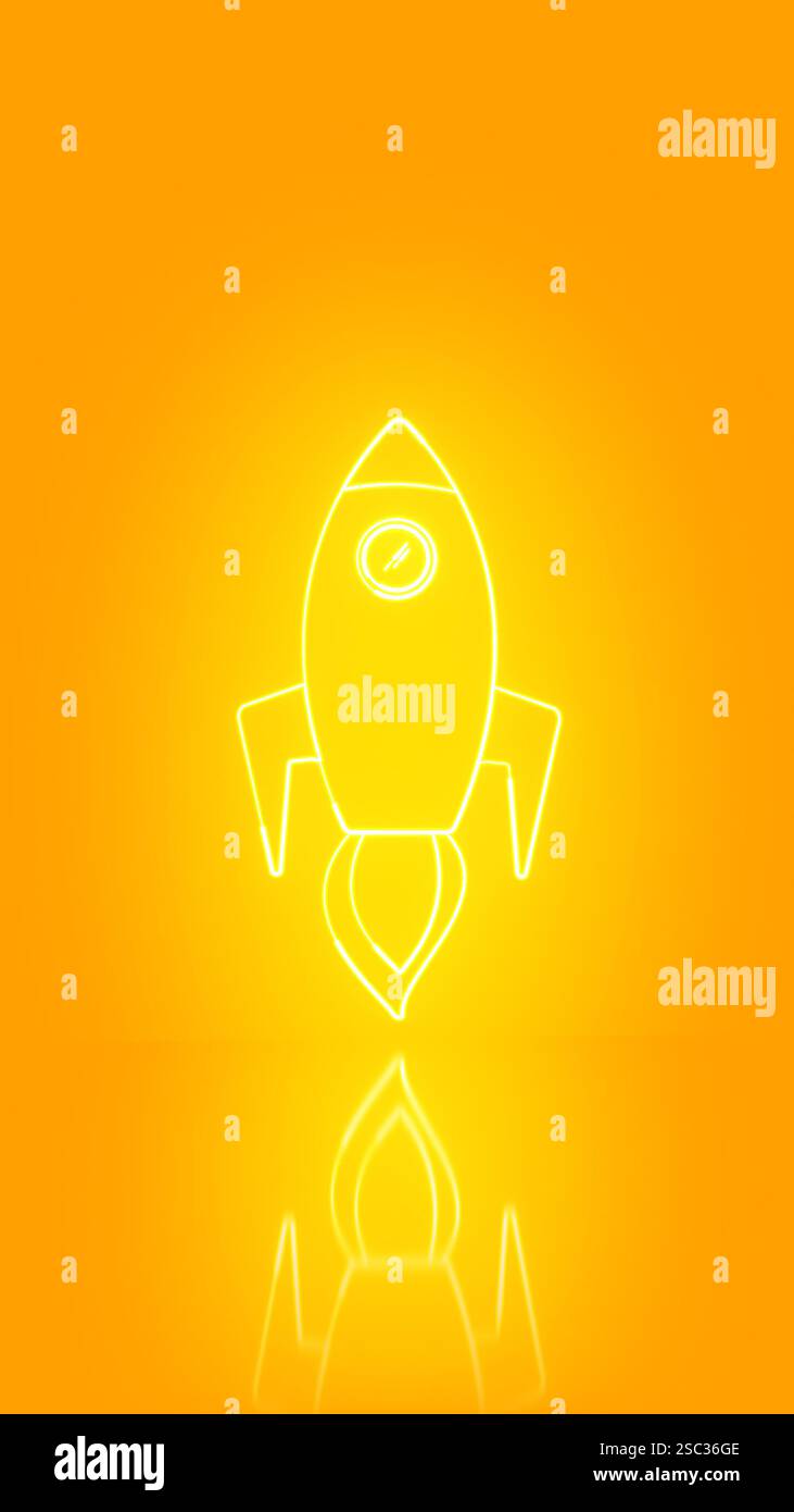 Neonrakete fliegt auf einem leuchtend orangefarbenen Hintergrund und symbolisiert Innovation, Startup und schnelles Unternehmenswachstum Stockfoto