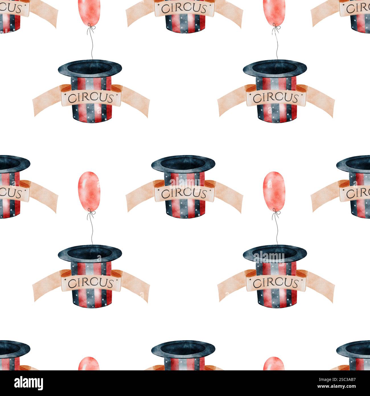 Zirkus-Aquarellmuster. Handgezeichnete Zirkusmütze, Ballon und Inschrift auf isoliertem weißem Hintergrund. Perfekt für Karten für Babyduschen und Geburtstage Stockfoto