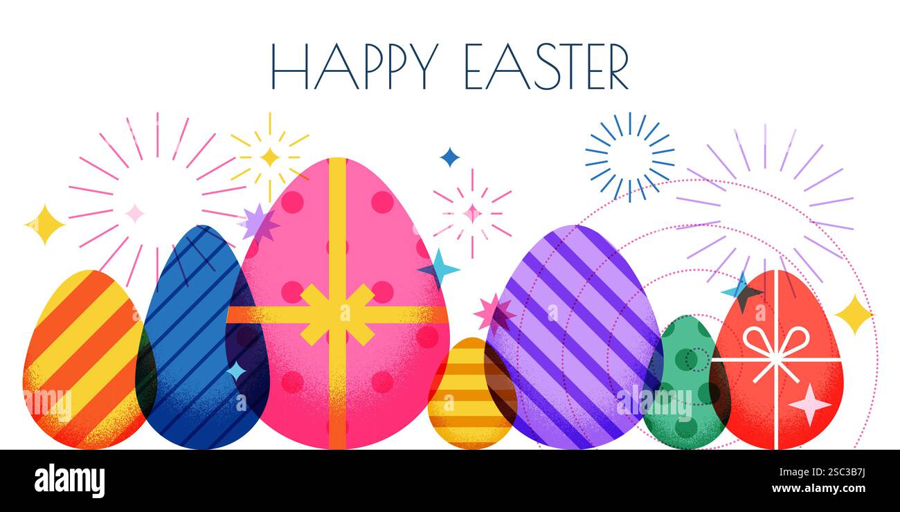 Happy Easter-Banner, Poster mit bunten Eiern und Feuerwerk. Vektorabbildung. Geometrisches Farbdesign. Weihnachtsfeier Dekoration, Invit Stock Vektor