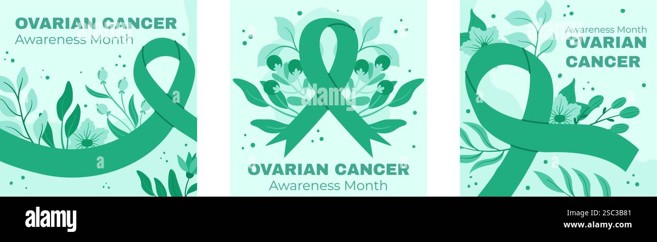 Ovarialkrebs Awareness Month Square Design mit blaugrünen Bändern, floralen Hintergründen und unterstützenden Gesundheitsbewusstsein Grafiken Stock Vektor