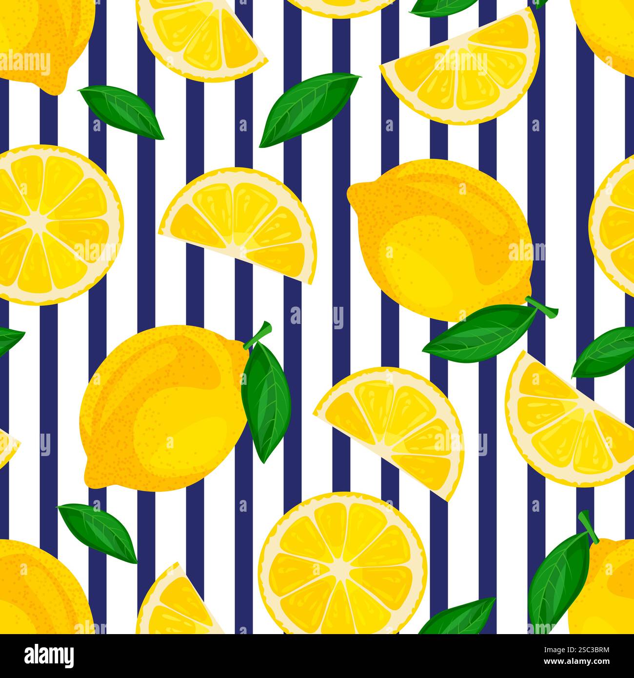 Zitrone ganz und geschnitten und marineblaue Streifen Vektor nahtloses Muster. Hintergrund der tropischen Zitrusfrüchte. Vektor-Zeichentrick-Illustration. Mehrfarbiges Stoffdesign Stock Vektor